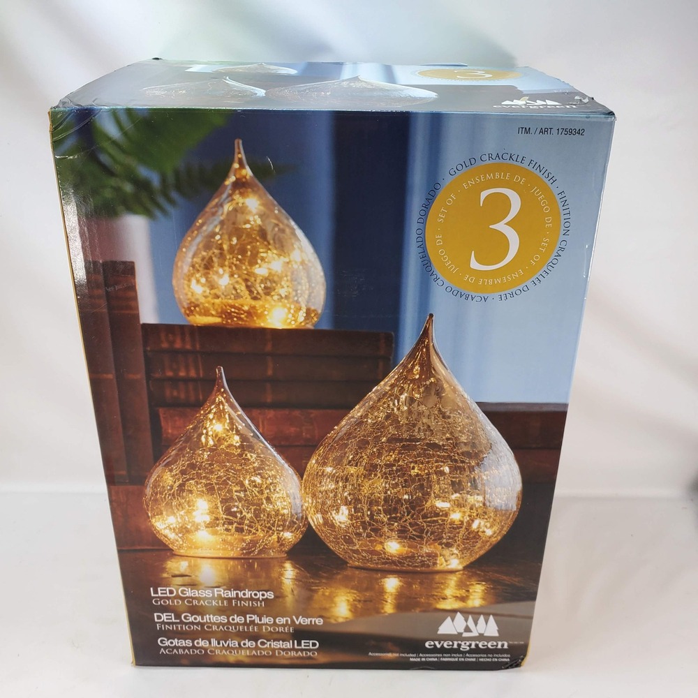 Evergreen LED Glass Raindrops Gold Crackle Finish Set of 3 1759342 Open Box